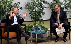 Thomas Siebel (left) was interviewed by CS Department Head Rob A. Rutenbar as part of a celebration of the 10th anniversary of the dedication of the Thomas M. Siebel Center for Computer Science.