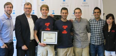 Illini Hackers received an award from Major League Hacking for its first place finish of the fall 2014 North American season. From left: Mike Swift of Major League Hacking, CS Department Head Rob A. Rutenbar, Matthew Dierker, Nathan Handler, Nick Kortendick, Sujay Khandekar, and Emily Tran. 