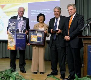 Fontaine Richardson was one of six recognized at the Engineering at Illinois Hall of Fame Induction Ceremony. From left: University of Illinois President Robert Easter, Chancellor Phyllis Wise, Fontaine Richardson, and College of Engineering Dean Andreas Cangellaris.