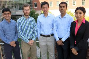 CS grad students (from left) Arun Mallya, Stephen Mayhew, Thomas Zhang, Gaurav Lahoti, and Dongjing He were named to the 2014 class of Siebel Scholars. 