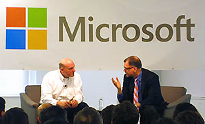 CS Department Head Rob Rutenbar (right) interviewed Microsoft CEO Steve Ballmer on March 6, 2013, in Chicago.