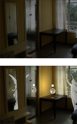 The Illinois system can be used to insert lights as well as objects.  On the left, a picture of a room found on the web; on the right, a picture composed by a user, who inserted a light, a crystal ball, and a plaster angel.  See how the light makes the walls brighter, and is reflected in the mirror, as is the plaster angel; see also how the light is focused by the crystal ball.  All these effects are taken care of automatically.