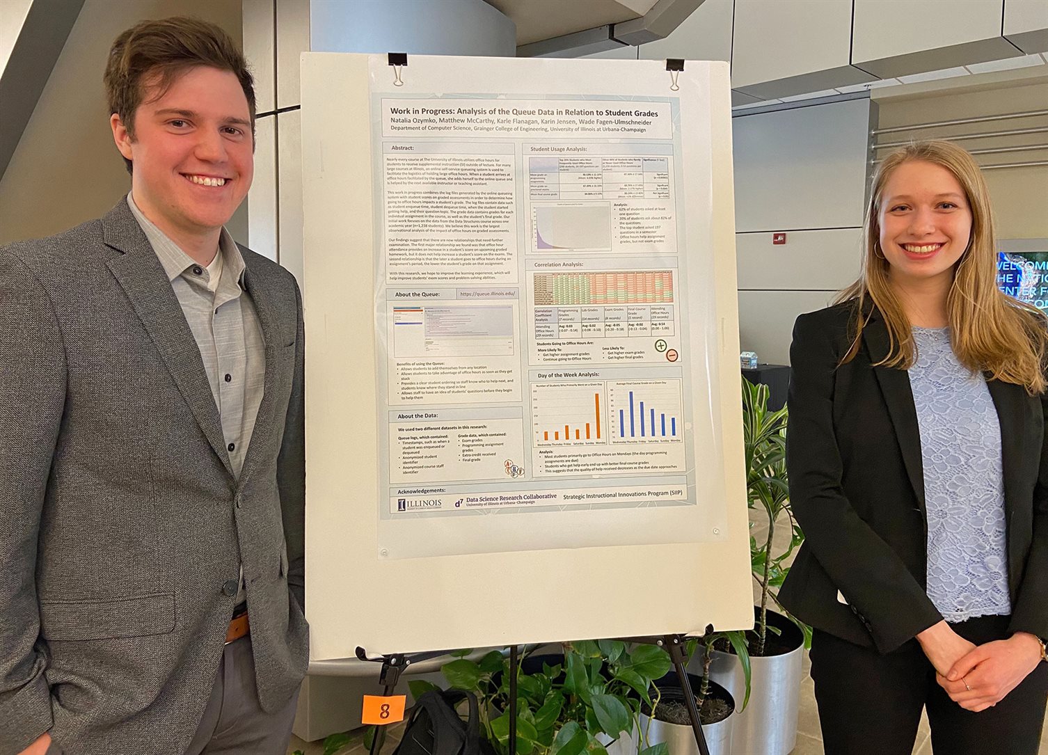 Prior to their June 2020 ASEE conference presentation, CS senior Natalia Ozymko (right) and mathematics student Matthew McCarthy presented the results of their research at an NCSA-hosted poster session on campus.