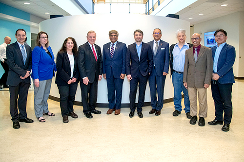 Members of the Mind in vitro project met with U.S. Sen. Dick Durbin and National Science Foundation director Sethuraman &amp;ldquo;Panch&amp;rdquo; Panchanathan during a campus event. From left: Josep Torrellas, Susan Martinis, Nancy Amato, Dick Durbin, Sethuraman Panchanathan, Mattia Gazzola, Rashid Bashir, Lawrence Rauchwerger, Taher Saif, and Hyun Joon Kong.