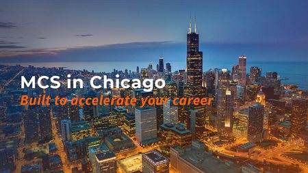Skyline of Chicago with text MCS in Chicago - Built to accelerate your career.