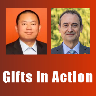 Gifts in Action graphic image with text and two headshots - one of Illinois CS alumnus Bruce Ge on the left and the other of Illinois CS professor Josep Torrellas on the right.