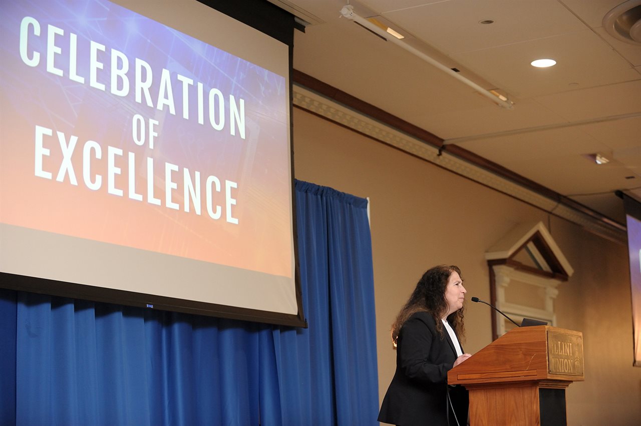 Illinois CS Department Head and Abel Bliss Professor of Engineering, Nancy M. Amato, speaks at a ballroom within the Illini Union at the 2023 Celebration of Excellence event.