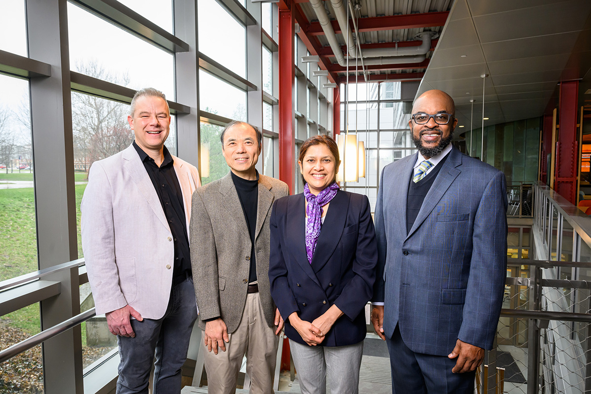 The leadership team includes, from left: INVITE director Chad Lane, a professor of educational psychology and of computer science; research co-director ChengXiang Zhai, the Donald Biggar Willett Professor of Engineering in computer science; electrical and computer engineering professor Suma Bhat; and evaluation director Rodney Hopson, a professor of evaluation in educational psychology.