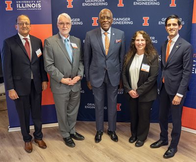 Illinois CS Department Head Nancy M. Amato (second from right) presented at The Grainger College of Engineering Chicago Launch Event, along with (from left to right) Rashid Bashir, Dean of Grainger Engineering; Timothy Killeen, President of the University of Illinois System; Robert Jones, Chancellor of the University of Illinois Urbana-Champaign; and Samir Mayekar, Deputy Mayor for Neighborhood &amp; Economic Development, city of Chicago.<br><em>Photo: The Grainger College of Engineering</em>