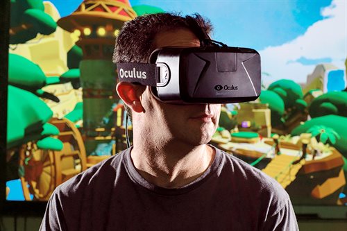 CS Professor Steve LaValle models the Oculus Rift.