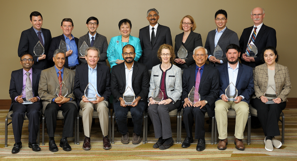 The recipients of the 2017 Illinois Computer Science Alumni Awards. Seated (from left): Rajesh Karmani, Nikil Dutt, James E. Smith, Aditya Parameswaran, Marianne Winslett, Kishor Trivedi, Andrei &Aring;&Aring;&frac34;tef&Auml;&fnof;nescu, and Svetlana Lazebnik. Standing (from left): Isaac J. Hall, Richard M. Schell, Steven Ko, Drina C. Yue, Interim CS Department Head Vikram Adve, Jill Zmaczynski, Xiang Ren, and Scott Fisher.