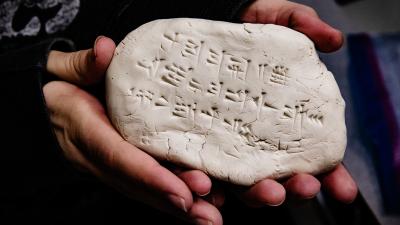 A studentâ€™s writing in Hittite using cuneiform. Photo by L. Brian Stauffer