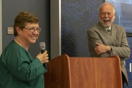 Professor Klara Nahrstedt speaks at Roy Campbell's retirement reception. She was one of a number of speakers, including Vice Chancellor for Academic Affairs and Provost Andreas Cangellaris and College of Engineering Dean Rashid Bashir.