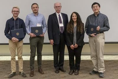 Winners of the Outstanding CA Award (l to r): Nathan Walters, Nicolas Nytko, donor Scott Fisher (CS MS '76), Department Head Nancy Amato, and Eric Cao. (Not pictured: Nathaniel Myren.)