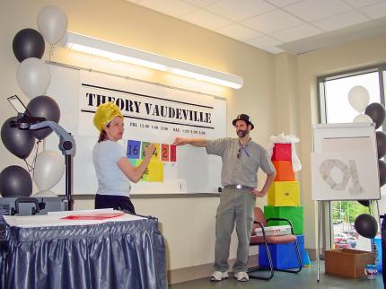 Former Illinois CS Teaching Professor Cinda Heeren, left, and Lenny Pitt use what he called &quot;Theory Vaudeville&quot; -- a series of skits -- to teach an audience of visitors in 2004.